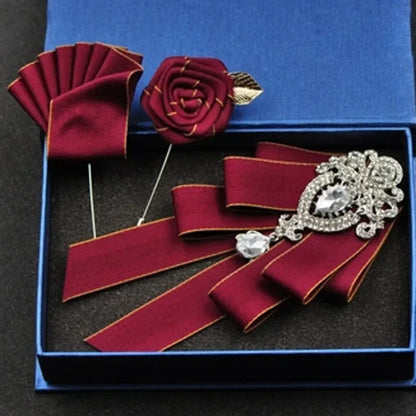 Fashion Handmade Bow Tie Wedding Collar Luxury Rhinestone Bowtie Necktie Brooch Pocket Towel Square Set Gift for Men Accessories