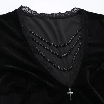 Y2K Goth Floral Lace Mesh Flared Sleeve Bodycon Party Dresses Sexy Vintage Elegant Black Velvet V-Neck Long Dress Partywear