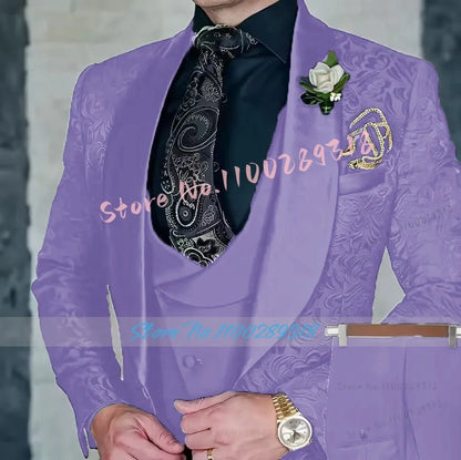 Jacquard Men's 3-piece Suit Set Formal Party Dress Groom Tuxedo High Quality Elegant Men Terno Masculino  Costume Homme Mariage