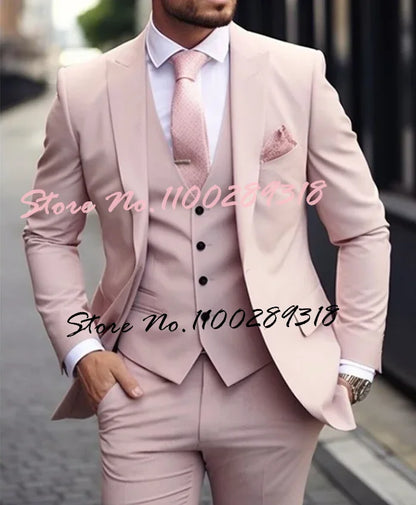 Pink Luxury Men's Suits Terno Formal Outfits 3 Piece Jacket Pants With Vest Slim Fit Luxury Costume Homme Formal Occasion Terno