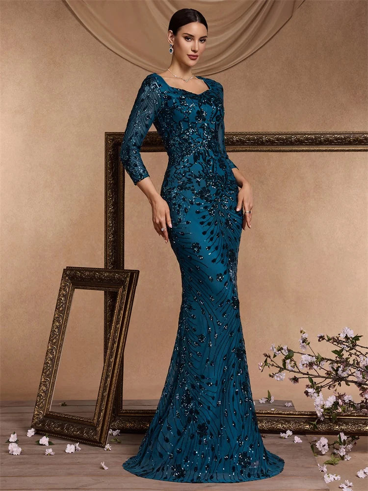 Luxury Champagne Evening Dress Women 2024 Long Mermaid Formal Sequins V-neck Prom Elegant Wedding Party Cocktail Gown