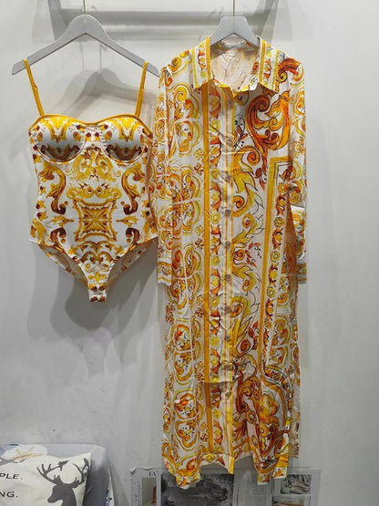 Fashion show spring and summer women's new printed casual shirt long skirt elegant single-breasted long-sleeved loose dress