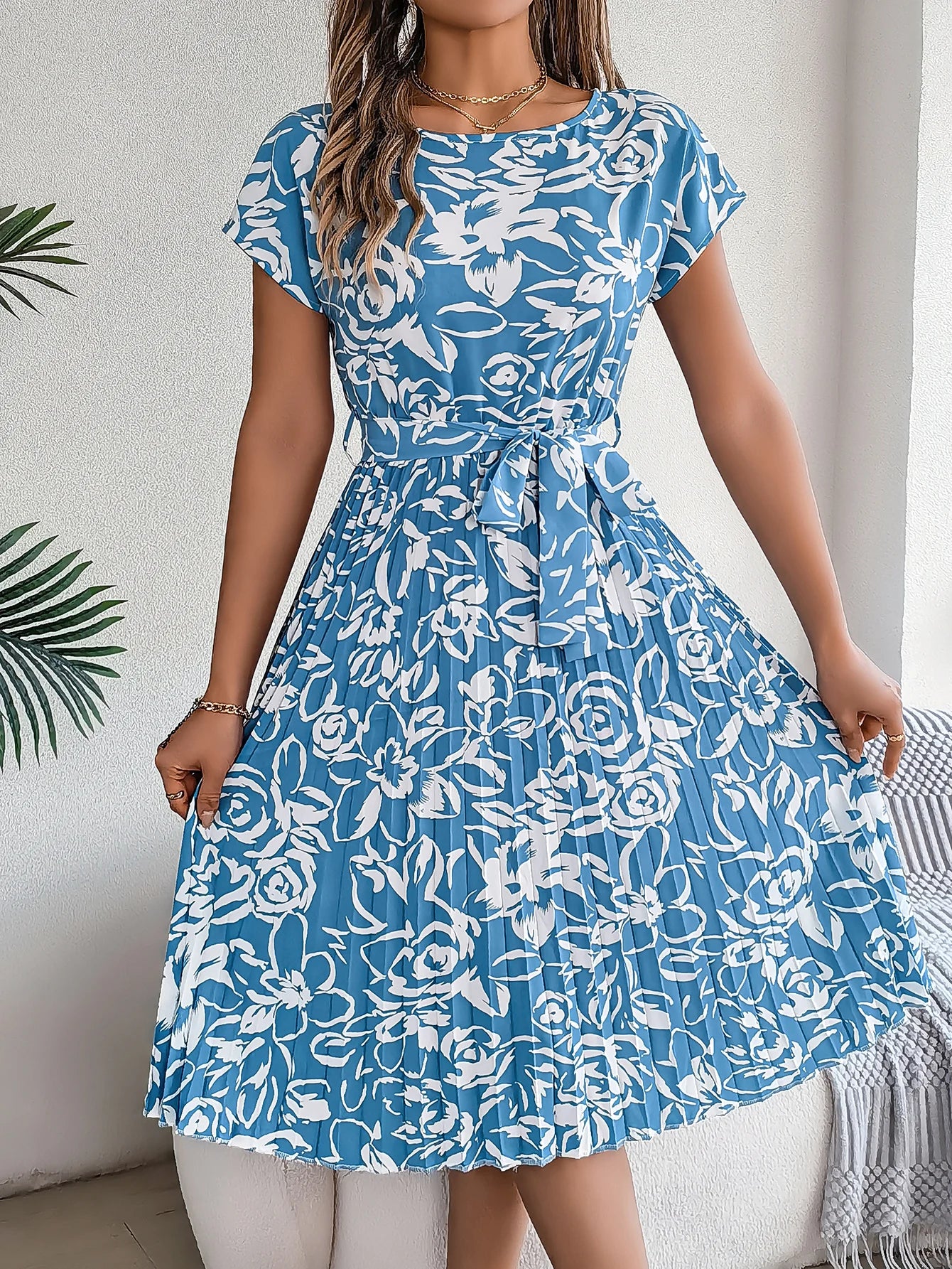 Spring Summer Elegant Flower Print Dress Short Sleeve Folded Dresses for Women Mother's Day