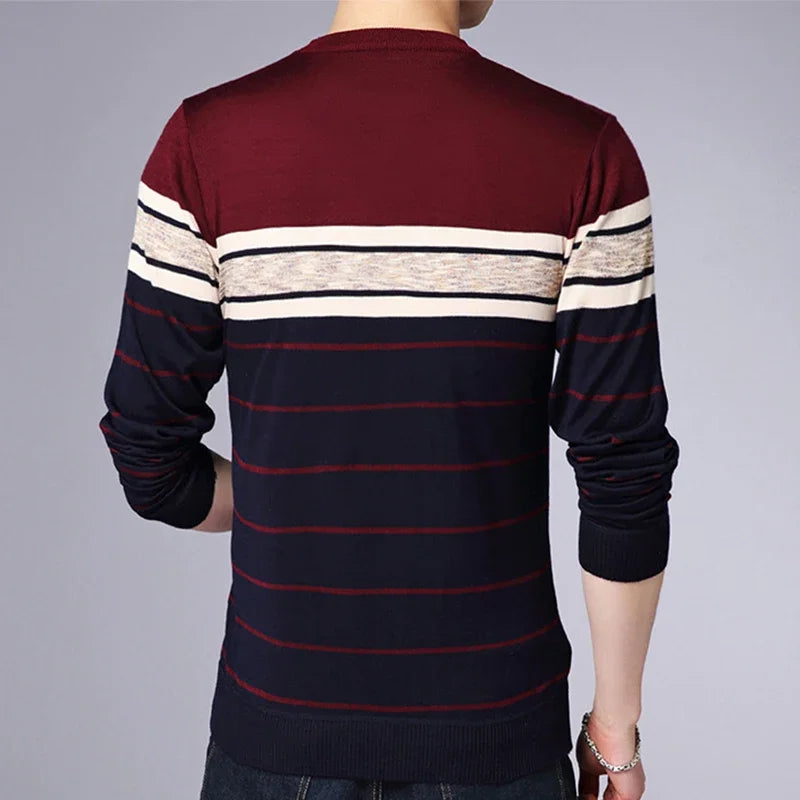 Men's New Fashionable Striped Knitted Shirt Long Sleeved Comfortable All Season Base Shirt Casual Top