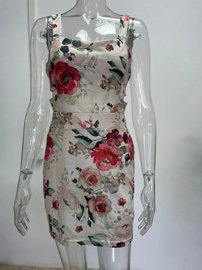 Spring Summer Printed Mini Dresses For Women Sleeveless Hollow Out Package Hip Slim Short Dress Fashion Night Club Party Vestido