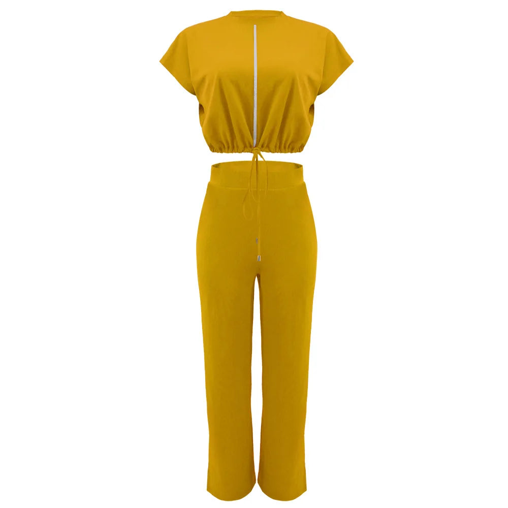 Women Casual Round Neck Drawstring Short Sleeve Top & High Waist Pants Set Summer Solid Two Piece Suit Sets Outfits Set Female