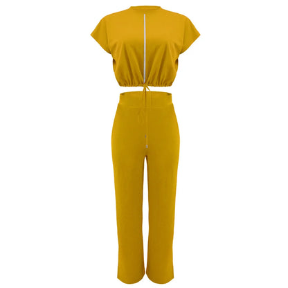 Women Casual Round Neck Drawstring Short Sleeve Top & High Waist Pants Set Summer Solid Two Piece Suit Sets Outfits Set Female