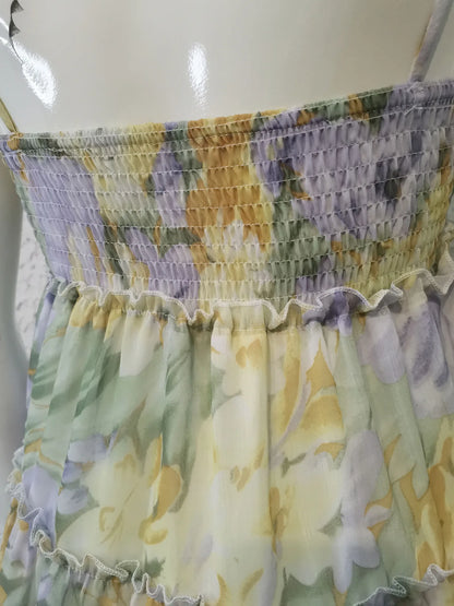 Spring Summer Print Floral Dress for Women Chiffon Strapless Sleeve Backless Ruffles Mini Dress Chic Lady Beach Vacation 2025 Fa