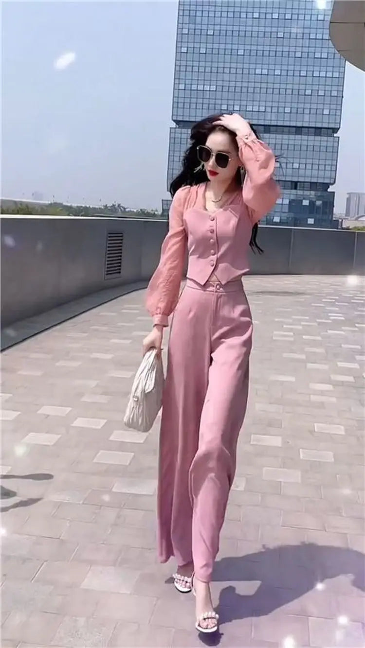 Women's Two Piece Set 2023 Spring/Summer New Casual Celebrity Top Drop Wide Leg Pants Set Women's Summer Trend