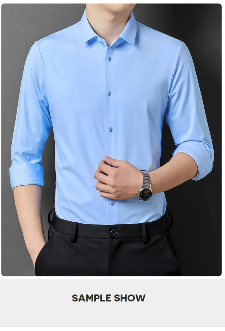 Men's High Quality Solid High Elasticity Seamless Comfortable Long Sleeve Shirts Slim Social Casual Business Formal Dress Shirt