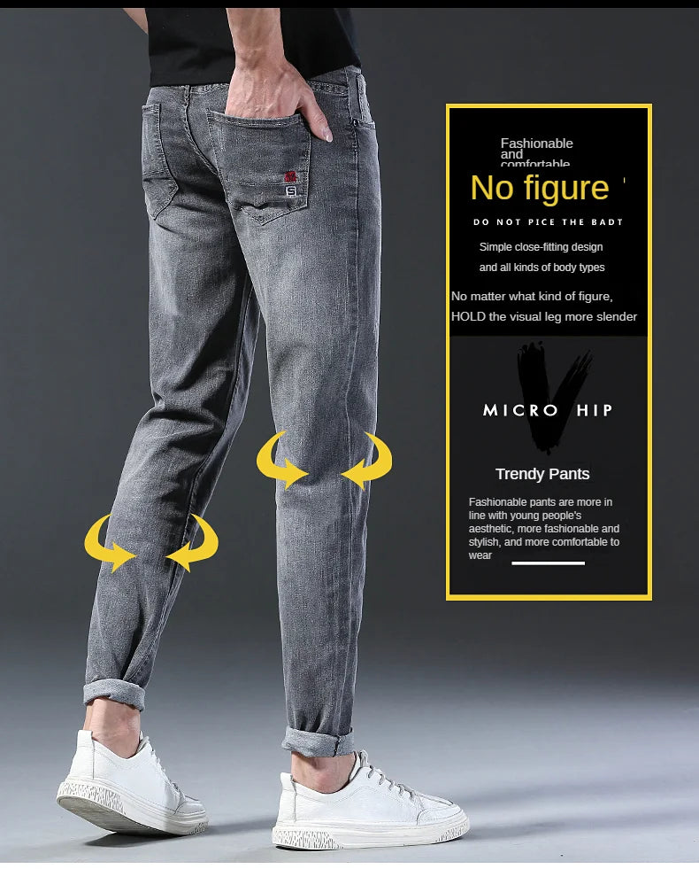 New Arrival Men's Denim Jeans Fashion Straight Slim Elastic Korea Fashion Casual Denim Trousers Male Pants Grey Black Dropship