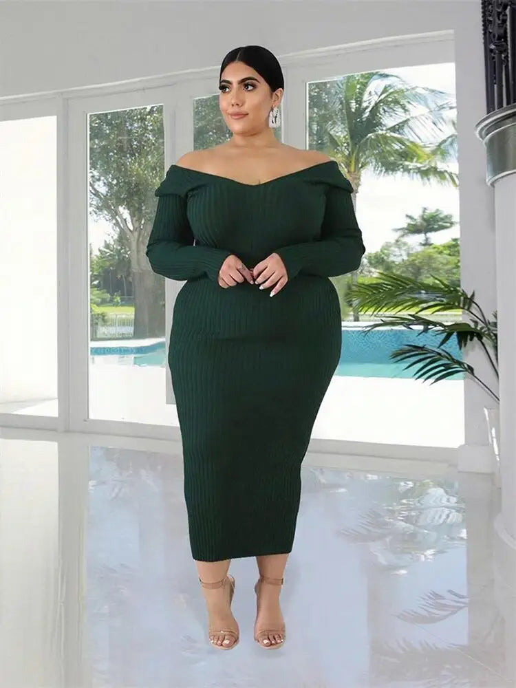 Ladies Knitted Sweater Dress Midi Dress Long Sleeves Chic and Elegant Plus Size Dresses for Women 4xl 5xl
