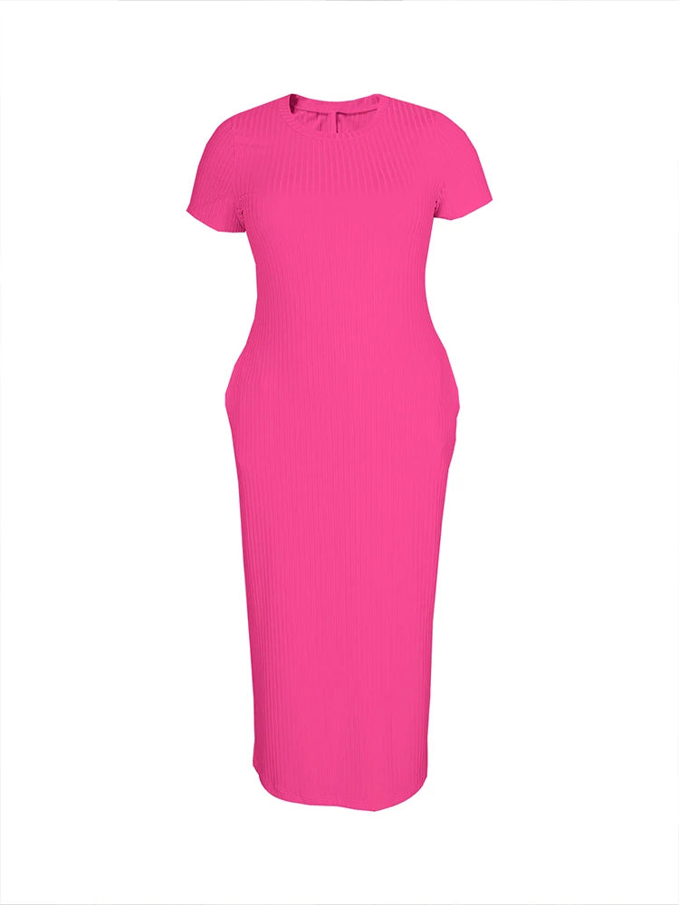 Plus Size 2024 Summer New Round Neck Short Sleeve Slim Hottie  Ladies' Stylish Summer Solid Versatile Bodycon Dress