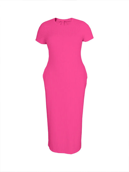 Plus Size 2024 Summer New Round Neck Short Sleeve Slim Hottie  Ladies' Stylish Summer Solid Versatile Bodycon Dress