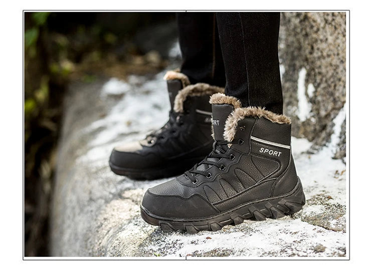 Men's Winter Snow Boots Leather Fabric Thickened Plush Shoes Extra Large Outdoor Mountaineering Anti Slip Training Shoes 39-48