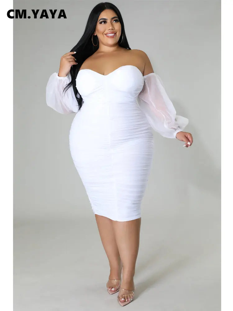 CM.YAYA Plus Size Women Mesh Patchwork Off Shoulder Ruched Bodycon Midi Dress evening Winter 2022 Sexy Party Club Prom Dresses