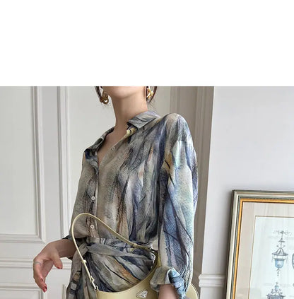 Spring Autumn New Fashion Dress Sets Women Turn-down Collar Long Sleeve Button Printing Shirt Lacing Mid-length A-line Skirt
