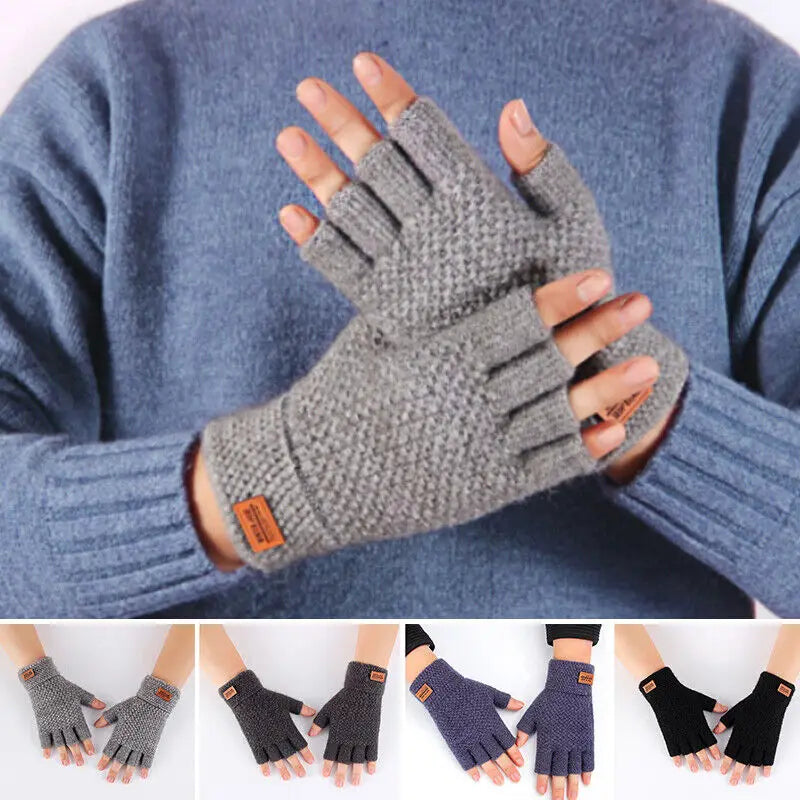 New Men Winter Wool Fingerless Gloves Half Finger Writting Office Knitted Alpaca Warm Leather Label Outdoor Thick Driving Gloves