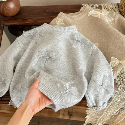 Korean Style Children Clothing Autumn New Girl Baby Toddler Solid Bow Sweaters Winter Fashion Sweet Kid Princess Knitted Sweater