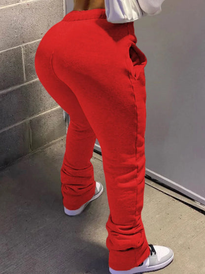 LW Plus Size Plain Pocket Sweatpants Mid Waist Drawstring Ruched Women Pants Stacked Trousers Sporty Casual Daily Bottoms