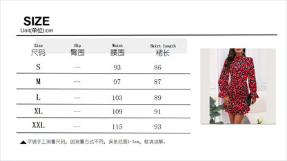 Spring And Autumn Women's Fashionable Red Mini Dress With Elegant Printed Pleated Long Sleeved Stand Up Collar Ruffle Edge Dress