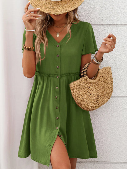 Spring Summer Button Down Dress Flutter Sleeve Cotton Linen A Line Dress With Pockets Beach Summer Knee Length Dresses For Women