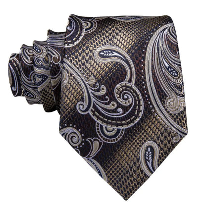Hi-Tie Paisley Brown Tie For Men Elegant Mens Necktie Pocket Square Cufflink Groom Wedding Accessory Wholesale New Designer