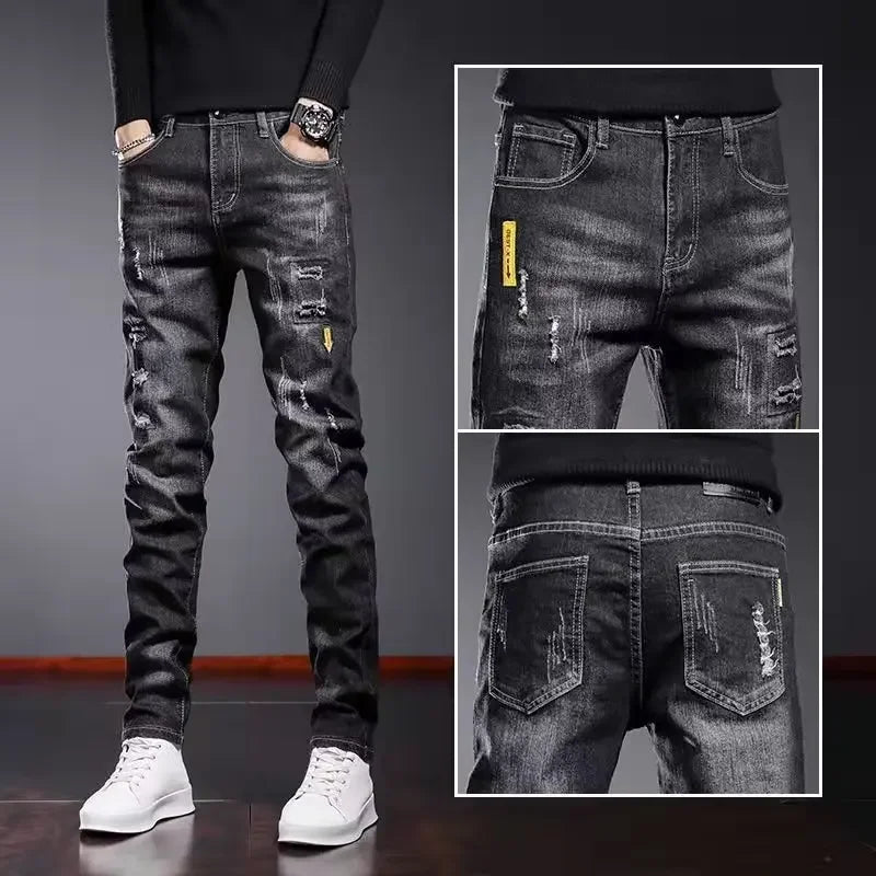 Men's Spring Autumn New Style Black Casual Jeans Korean Trendy Versatile Distressed Slims Smooths Your Silhouette Men's Trousers