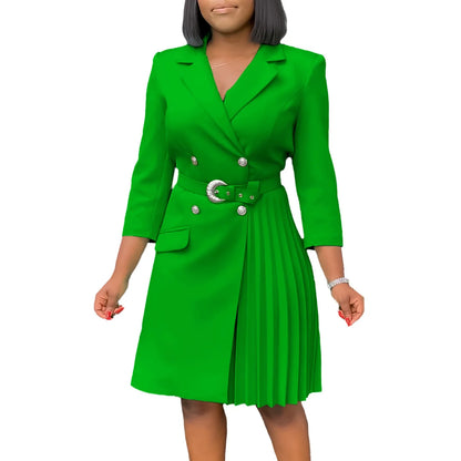 Elegant Dresses for Woman 2024 Autumn Winter New Trends Notched Collar Full Sleeve Sashes Pleated Mid Calf Solid Fashion Dress