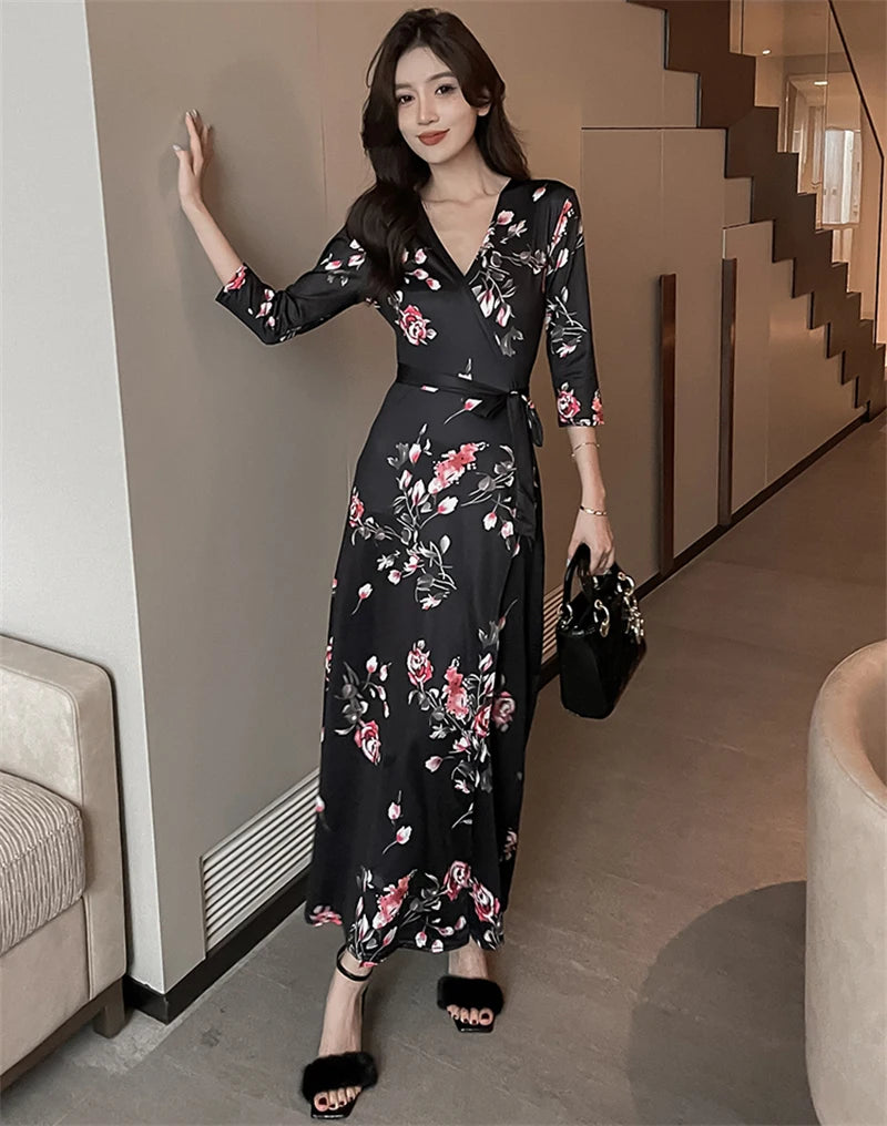 FANIECES Summer Wrap Dresses Women Sexy V Neck Split Maxi Dress Print Female Casual Beachwear Lace Up Party Vestidos Robe платье