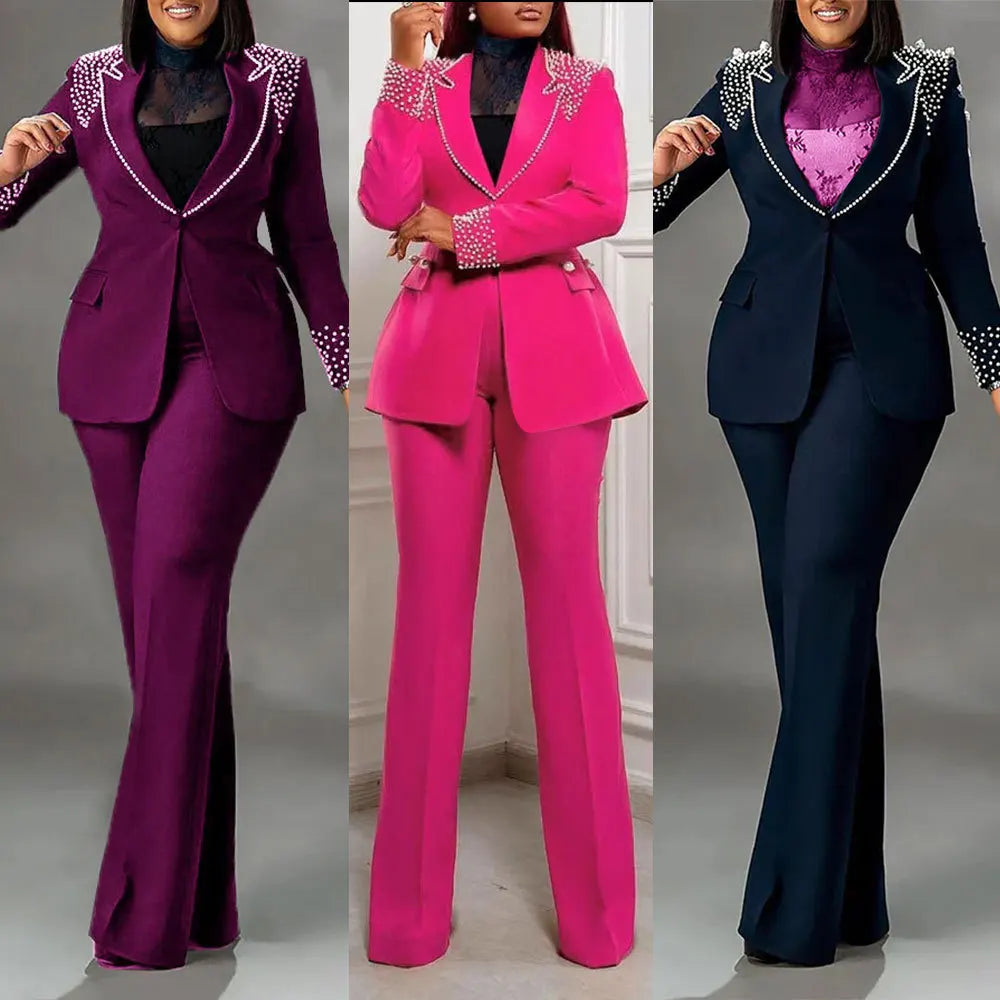 CM.YAYA Fashion Pearl Splicing Women's Set Long Sleeve Blazer and Wide Leg Pants Suit 2024 Winter OL Fall Two 2 Piece Set Outfit