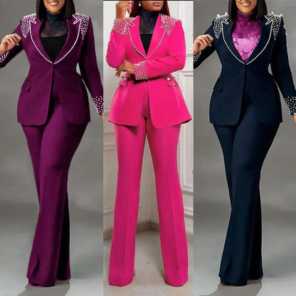 CM.YAYA Fashion Pearl Splicing Women's Set Long Sleeve Blazer and Wide Leg Pants Suit 2024 Winter OL Fall Two 2 Piece Set Outfit