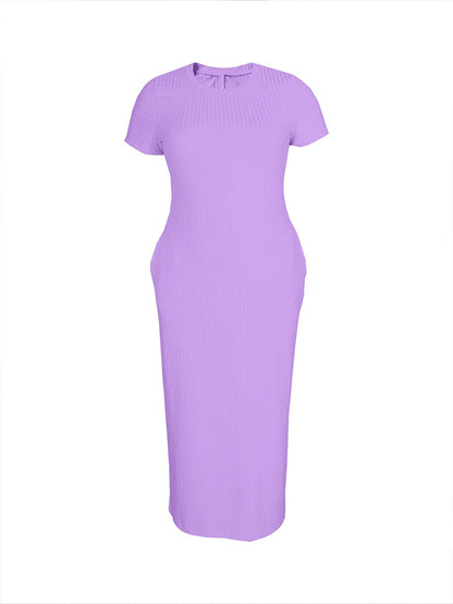 Plus Size 2024 Summer New Round Neck Short Sleeve Slim Hottie  Ladies' Stylish Summer Solid Versatile Bodycon Dress