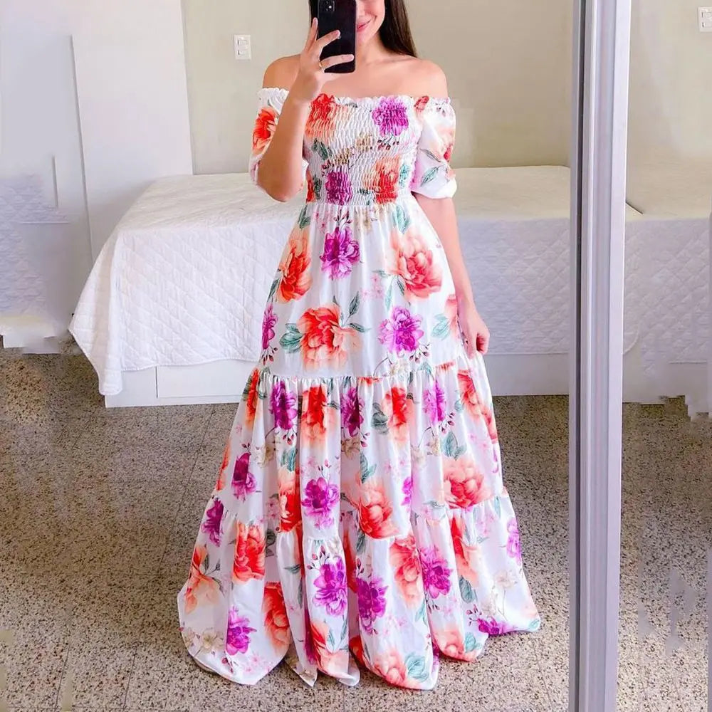 Spring Summer Sexy Off Shoulder Maxi Dress Woman Fashion Flower Print Short Sleeve Dresses For Women 2023 Elegant Party Robe
