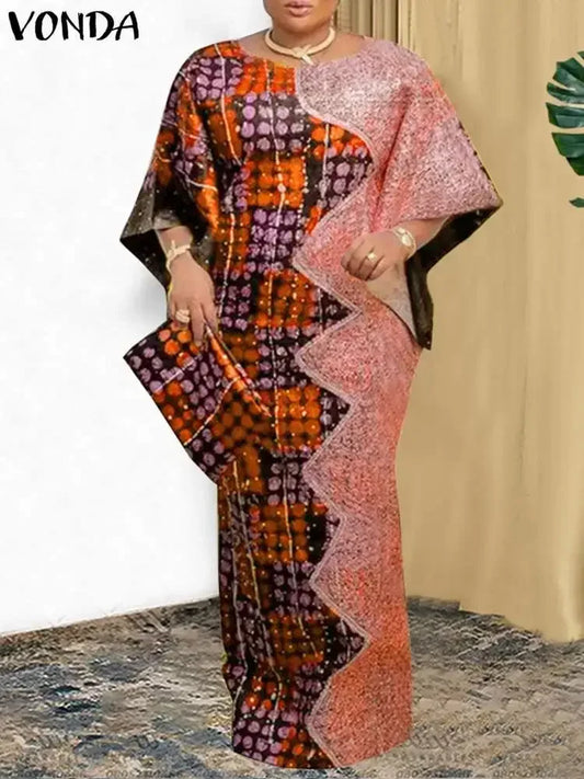 VONDA Women Summer Maxi Dress 2025 Vintage 3/4 Sleeve Printing Sundress Beach Robe Bohemian Bat-wing Sleeve Vestidos Polyester