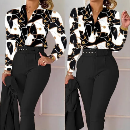 Women's Elegant Autumn/Winter Printed V-Neck Long Sleeve Button Shirt Top Fashion Solid Color Long Pants 2 Piece Set With Belt