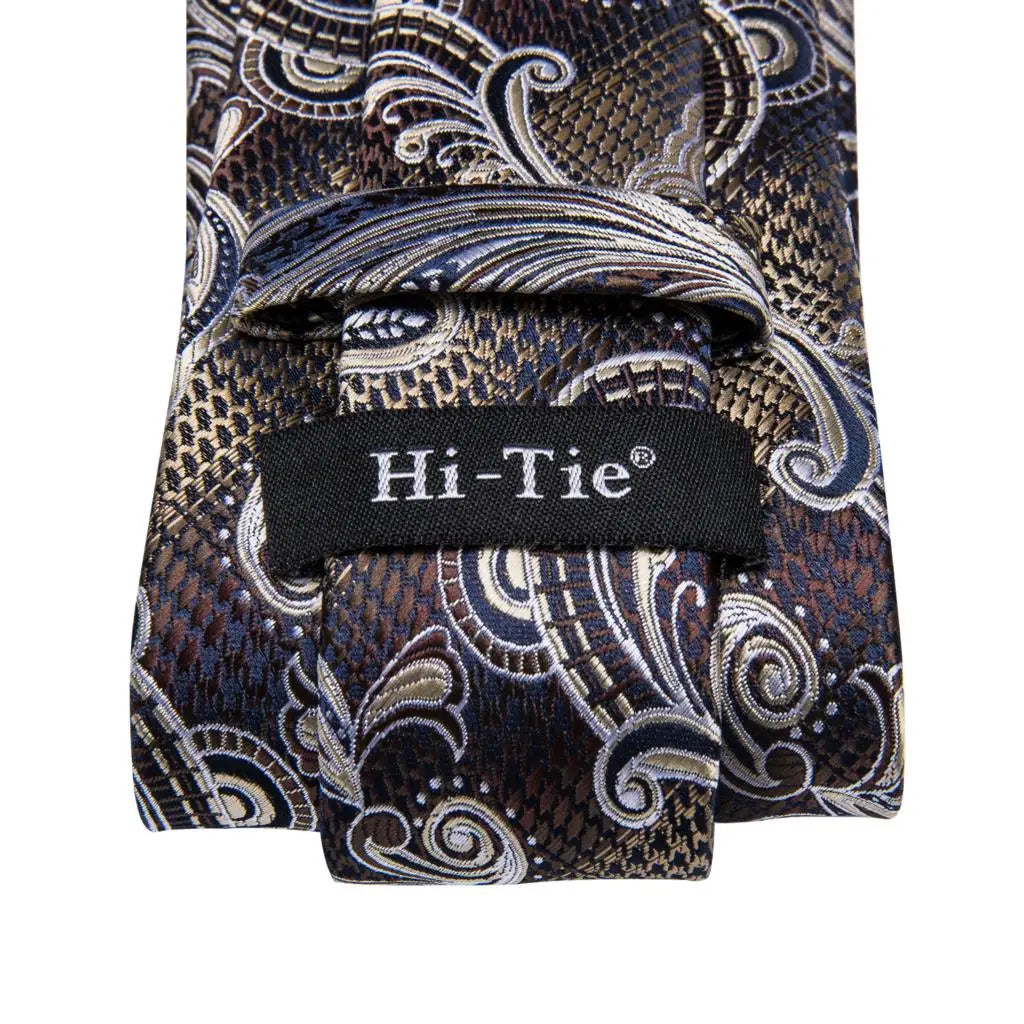 Hi-Tie Paisley Brown Tie For Men Elegant Mens Necktie Pocket Square Cufflink Groom Wedding Accessory Wholesale New Designer
