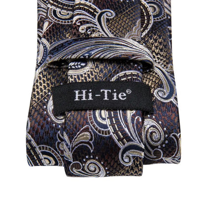 Hi-Tie Paisley Brown Tie For Men Elegant Mens Necktie Pocket Square Cufflink Groom Wedding Accessory Wholesale New Designer