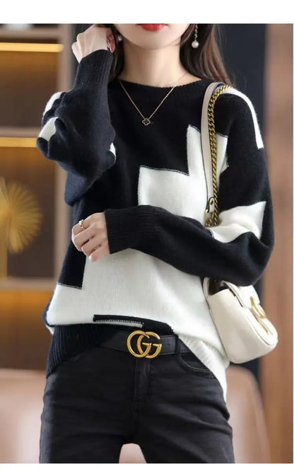 Autumn Winter Contrast Color Pullover Sweater Lady Loose Casual Fashion All-match Knitting Jumpers Ladies Oversized Bottomed Top