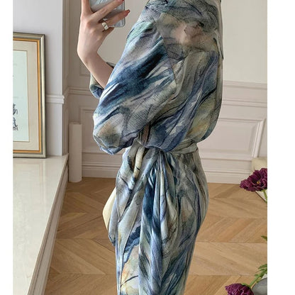 Spring Autumn New Fashion Dress Sets Women Turn-down Collar Long Sleeve Button Printing Shirt Lacing Mid-length A-line Skirt