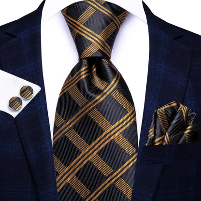 Hi-Tie Psialey Black Gold Silk Elegant Tie For Men Groom Wedding Men Necktie Pocket Square Cufflink Accessory Wholesale Designer