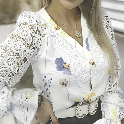 Fashion Vintage White Lace Long Sleeve Women Shirts 2024 Autumn Buttons Floral Print Tops And Blouses Womens Top Femme Shirt