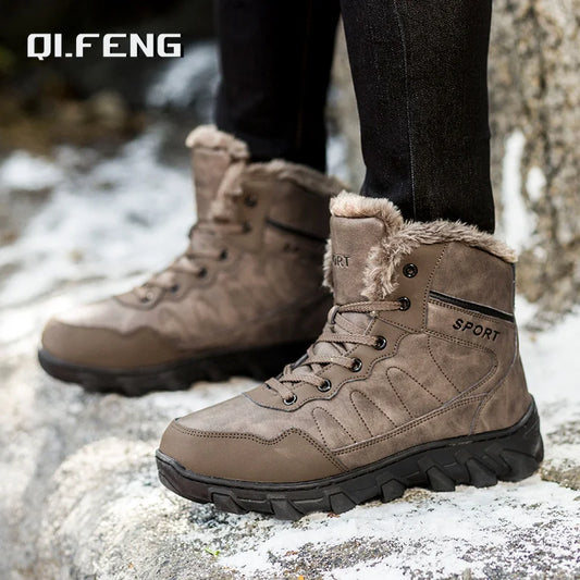 Men's Winter Snow Boots Leather Fabric Thickened Plush Shoes Extra Large Outdoor Mountaineering Anti Slip Training Shoes 39-48