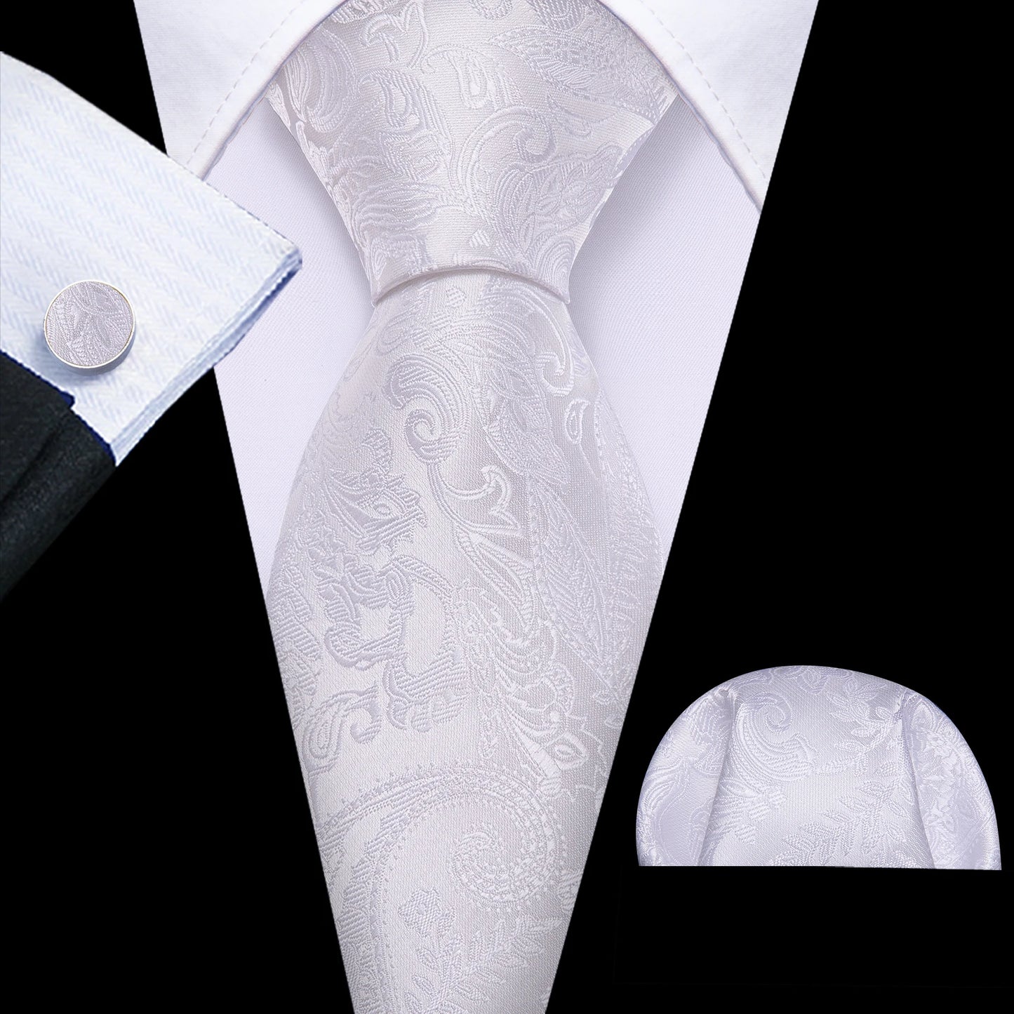 Barry.Wang Black White Gray Silver Silk Men Tie Handkerchief Cufflinks Set Jacquard Necktie for Male Wedding Business Party Gift