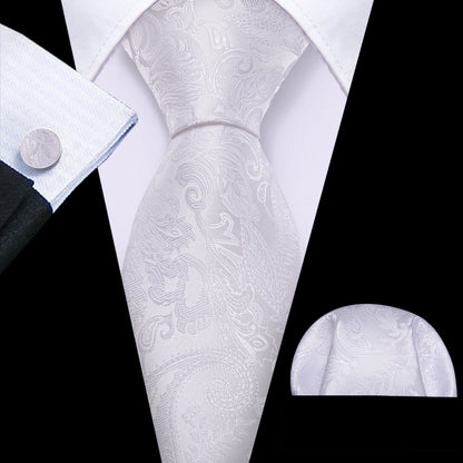 Barry.Wang Black White Gray Silver Silk Men Tie Handkerchief Cufflinks Set Jacquard Necktie for Male Wedding Business Party Gift