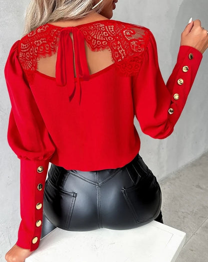 Female Clothing T-Shirts Pullover Tops Sexy Eyelash Lace Patch Tied Detail Top 2023 Autumn Winter Spring New Fashion Casual