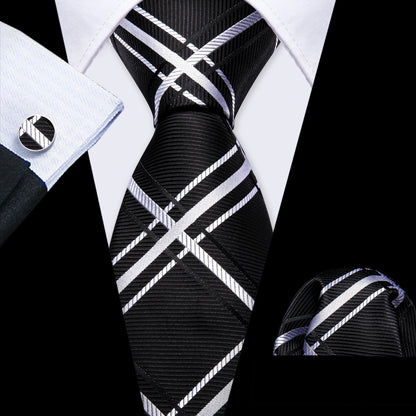 Barry.Wang Black White Gray Silver Silk Men Tie Handkerchief Cufflinks Set Jacquard Necktie for Male Wedding Business Party Gift