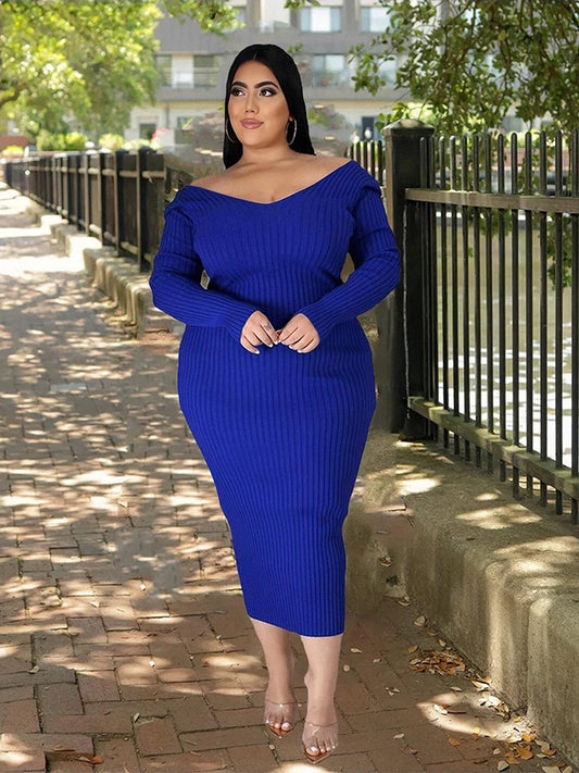 Ladies Knitted Sweater Dress Midi Dress Long Sleeves Chic and Elegant Plus Size Dresses for Women 4xl 5xl