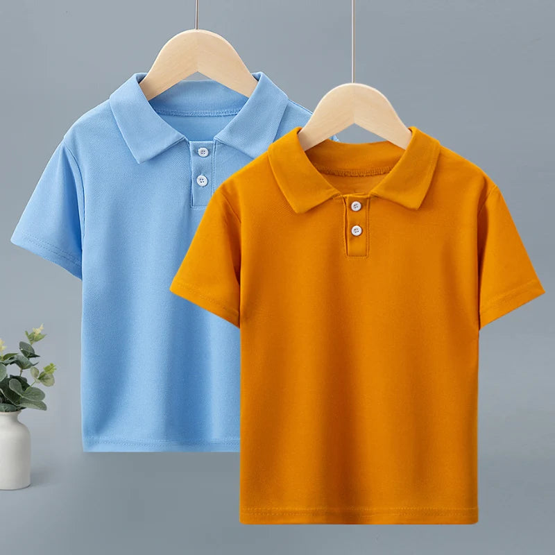 Children's solid color POLO shirt boy handsome fashion sports T-shirt girl lapel casual and comfortable half sleeve.