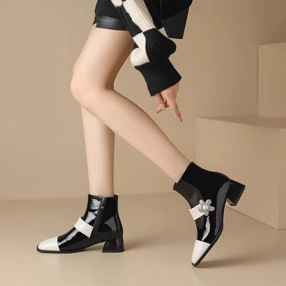 FHC Mixed Colors Ankle Boots,Women's Short Botas,Autumn/Winter Shoes Booties,Square Toe,Pearls,Side Zip,Black,White,Dropship